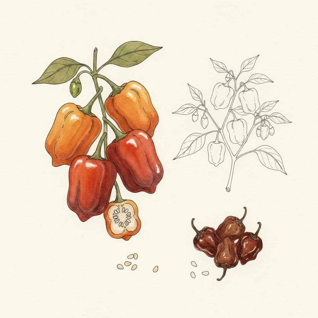 Bright orange habanero chiles in close-up, their wrinkled lantern shape, on a dark wooden board with food-safe gloves in the background