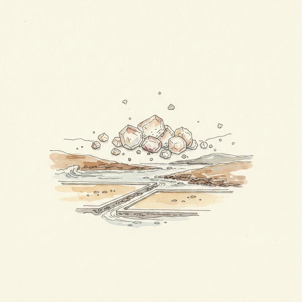 Halen Môn sea salt, soft white flakes loosely piled, macro on a dark matte background